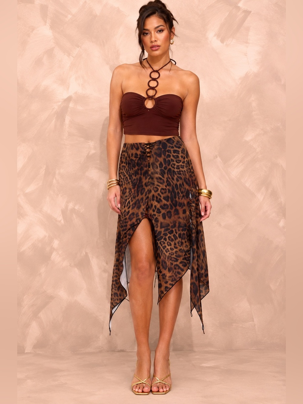 PLT Brown Leopard Print Handkerchief Hem Lace Up Midi Skirt